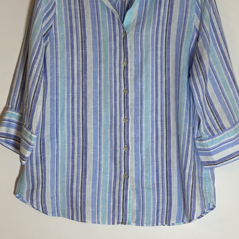 Chicos Top Womens 1 Medium Blue Multi Striped 100% Linen Button Up Boho Nice M - Picture 3 of 16